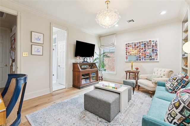 502 Hector Ave, Metairie, LA 70005 - living room featuring wood finished floors, a chandelier, crown molding, and recessed lighting