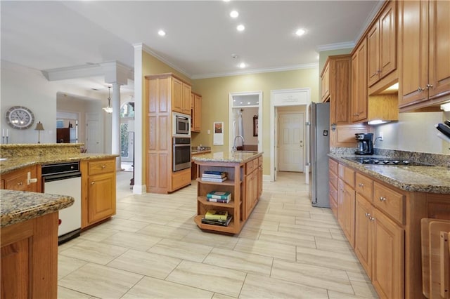 1071 Rue Chinon, Mandeville, LA 70471 - kitchen featuring appliances with stainless steel finishes, ornamental molding, a center island with sink, open shelves, and stone counters