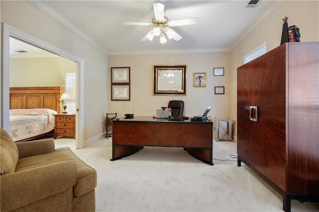 1071 Rue Chinon, Mandeville, LA 70471 - office space with light carpet, crown molding, and a ceiling fan