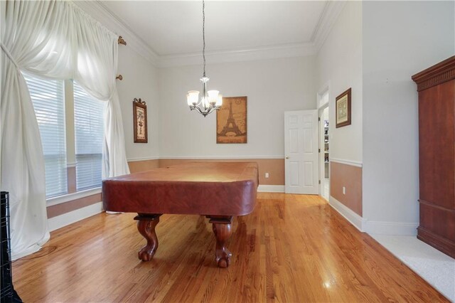 1071 Rue Chinon, Mandeville, LA 70471 - playroom featuring billiards table, crown molding, light wood-style floors, and a chandelier