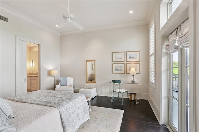 111 Audubon St Unit 202, New Orleans, LA 70118 - bedroom with dark wood-type flooring, crown molding, recessed lighting, ensuite bath, and access to outside