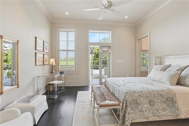 111 Audubon St Unit 202, New Orleans, LA 70118 - bedroom featuring access to outside, crown molding, dark wood-style floors, recessed lighting, and ceiling fan