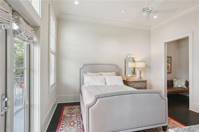 111 Audubon St Unit 202, New Orleans, LA 70118 - bedroom with wood finished floors, ornamental molding, access to exterior, recessed lighting, and ceiling fan