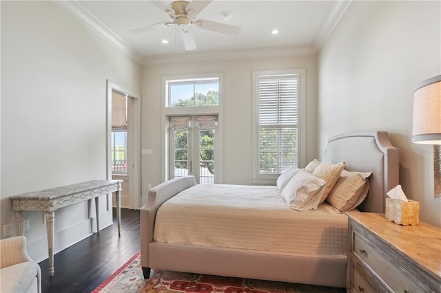 111 Audubon St Unit 202, New Orleans, LA 70118 - bedroom featuring crown molding, dark wood finished floors, access to outside, ceiling fan, and recessed lighting