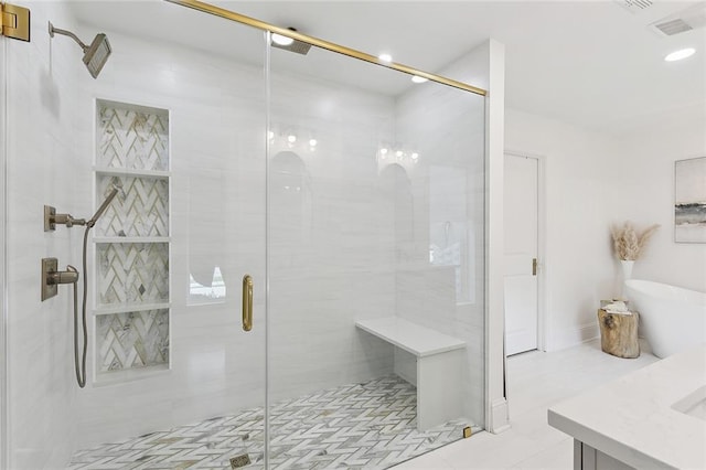 4548 Alphonse Dr, Metairie, LA 70006 - bathroom featuring a stall shower, vanity, and tile patterned floors