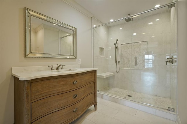 2232 N Starrett Rd, Metairie, LA 70003 - bathroom with a stall shower, vanity, and tile patterned floors