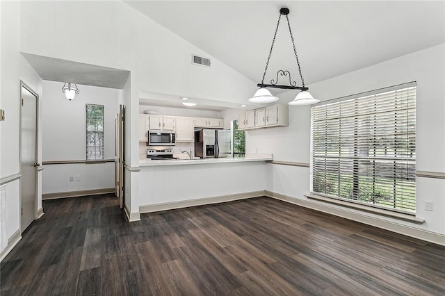 32 S Court Villa Dr Unit 32, Mandeville, LA 70471 - kitchen with stainless steel appliances, dark wood-style floors, vaulted ceiling, light countertops, and decorative light fixtures