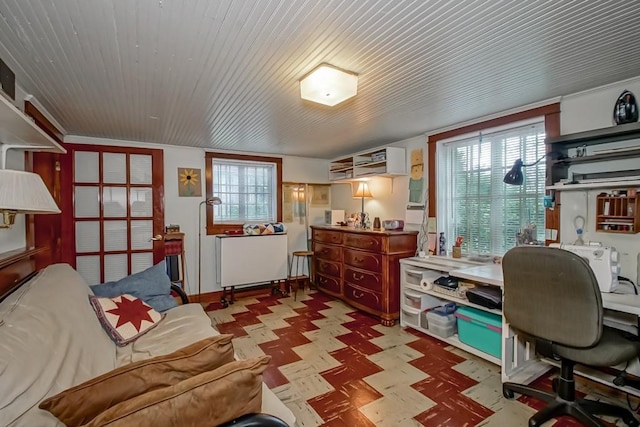 2410 Adams St, New Orleans, LA 70125 - office space featuring tile patterned floors, plenty of natural light, and wooden ceiling