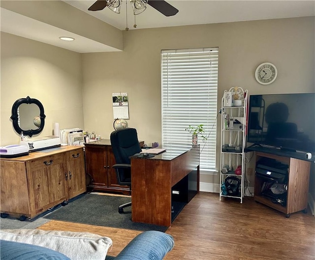 4908 David Dr, Kenner, LA 70065 - office featuring a ceiling fan and wood finished floors