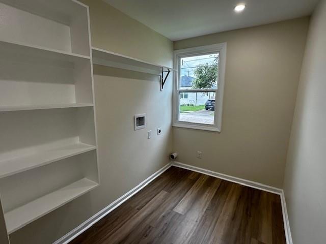 1018 Marian Ave, Metairie, LA 70001 - laundry area with electric dryer hookup, hookup for a washing machine, dark wood-type flooring, and recessed lighting