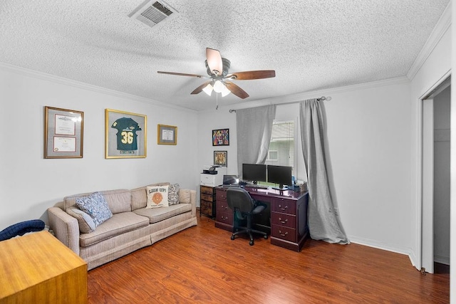 708 W Colorado Ave, Hammond, LA 70401 - office with a ceiling fan, a textured ceiling, wood finished floors, and crown molding