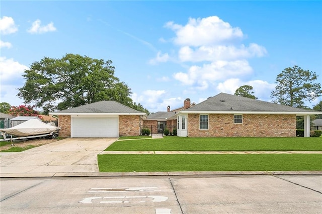811 Franklin Ct, Slidell, LA 70458 - ranch-style home featuring a front lawn, a garage, brick siding, a chimney, and driveway