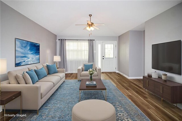 1700 Marseille Dr Unit 16, La Place, LA 70068 - living room with wood finished floors, a ceiling fan, and vaulted ceiling