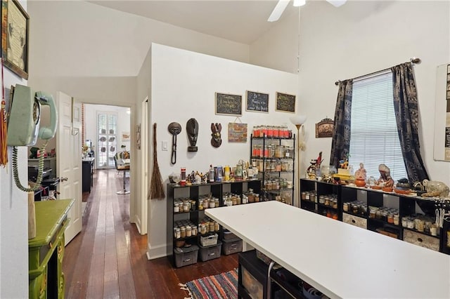 232830 Bienville St, New Orleans, LA 70119 - office space with high vaulted ceiling, a ceiling fan, and dark wood-style floors