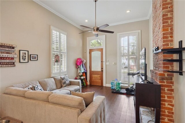 232830 Bienville St, New Orleans, LA 70119 - living room with dark wood-style flooring, ornamental molding, a ceiling fan, and recessed lighting