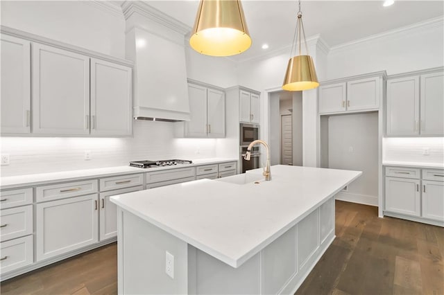 1337 Avenue Lacroix Ave, Lacroix, Covington, LA 70433 - kitchen featuring crown molding, stainless steel appliances, decorative backsplash, custom exhaust hood, and light countertops