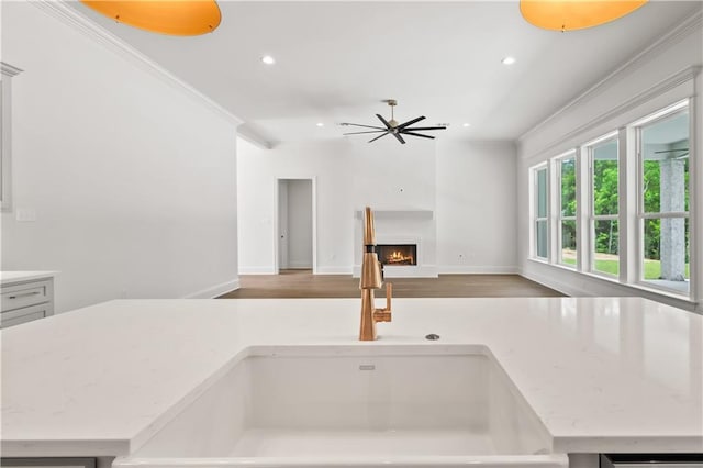 1337 Avenue Lacroix Ave, Lacroix, Covington, LA 70433 - kitchen with recessed lighting, crown molding, a lit fireplace, open floor plan, and light stone countertops
