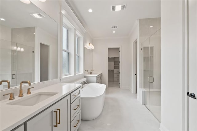 1337 Avenue Lacroix Ave, Lacroix, Covington, LA 70433 - full bathroom featuring a shower stall, vanity, a walk in closet, ornamental molding, and a soaking tub