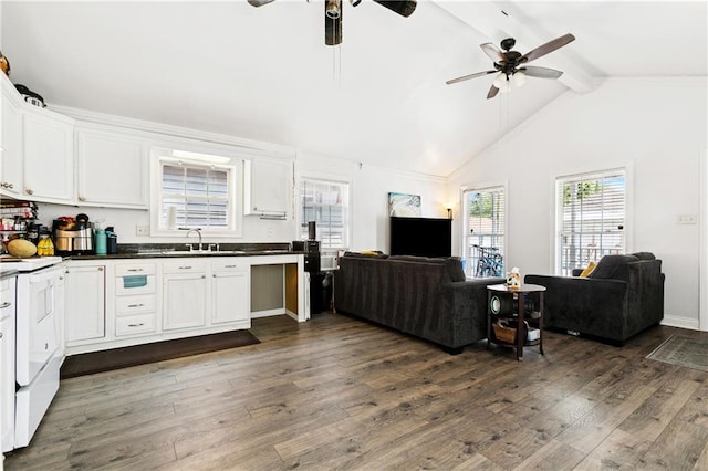 4110 Hollygrove St, New Orleans, LA 70118 - kitchen featuring open floor plan, ceiling fan, white electric range, and dark wood-style floors