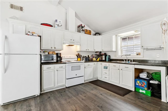 4110 Hollygrove St, New Orleans, LA 70118 - kitchen featuring white appliances, under cabinet range hood, vaulted ceiling, dark countertops, and white cabinets