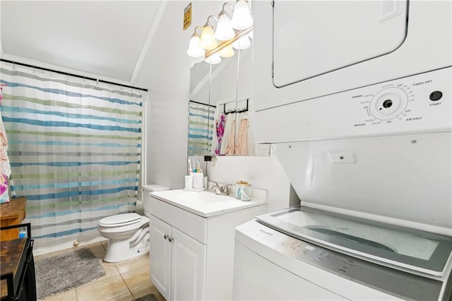 4110 Hollygrove St, New Orleans, LA 70118 - bathroom with stacked washer and clothes dryer, vanity, tile patterned floors, a chandelier, and curtained shower