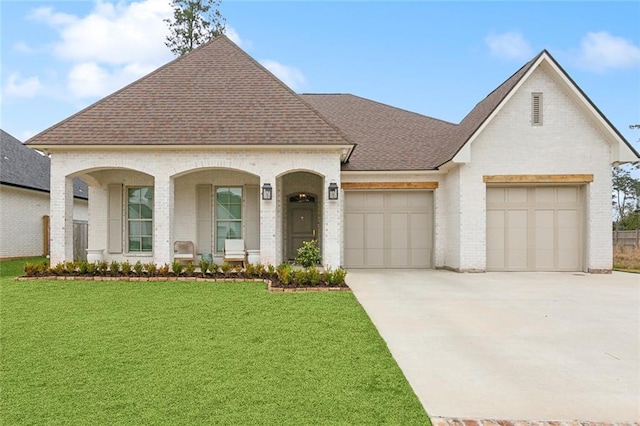 1193 Delta Ln, Covington, LA 70433 - french country home featuring a shingled roof, a front lawn, a garage, driveway, and brick siding