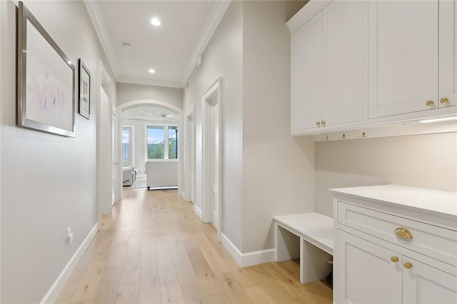 1193 Delta Ln, Covington, LA 70433 - mudroom with ornamental molding, light wood-style floors, and recessed lighting