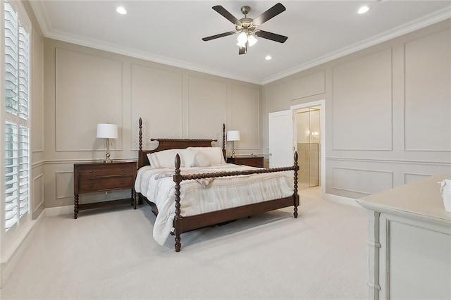 1193 Delta Ln, Covington, LA 70433 - bedroom featuring a decorative wall, light colored carpet, ornamental molding, recessed lighting, and a ceiling fan