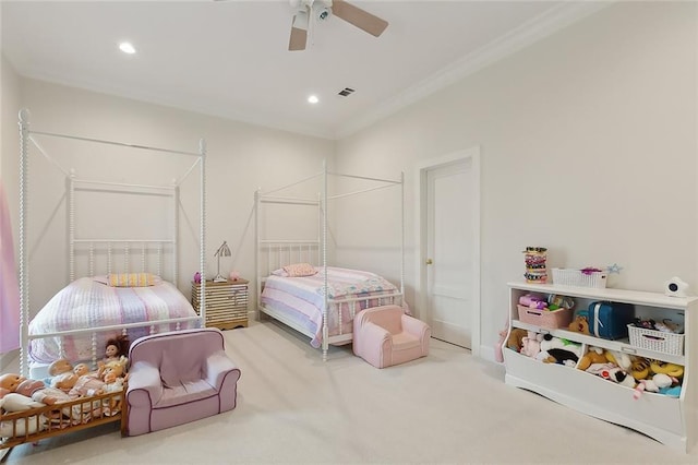 1193 Delta Ln, Covington, LA 70433 - bedroom with carpet floors, ornamental molding, recessed lighting, and ceiling fan