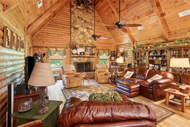 75581 N Hayes Rd, Kentwood, LA 70444 - living area with rustic walls, a wooden ceiling with exposed beams, high vaulted ceiling, wood finished floors, and ceiling fan