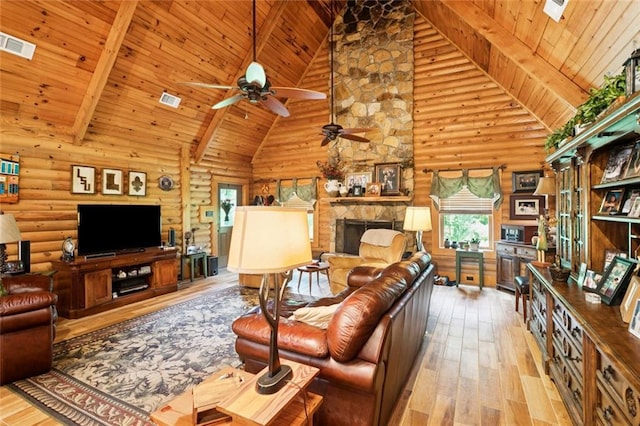 75581 N Hayes Rd, Kentwood, LA 70444 - living room featuring a wood ceiling with exposed beams, a fireplace, high vaulted ceiling, wood-type flooring, and log walls