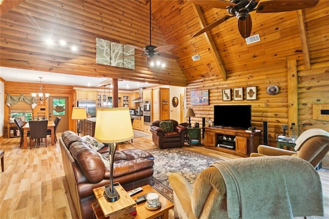 75581 N Hayes Rd, Kentwood, LA 70444 - living area with light wood finished floors, a ceiling fan, a chandelier, rustic walls, and wood ceiling