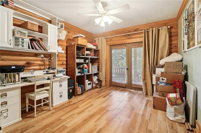 75581 N Hayes Rd, Kentwood, LA 70444 - office with french doors, light wood-style floors, a ceiling fan, and log walls