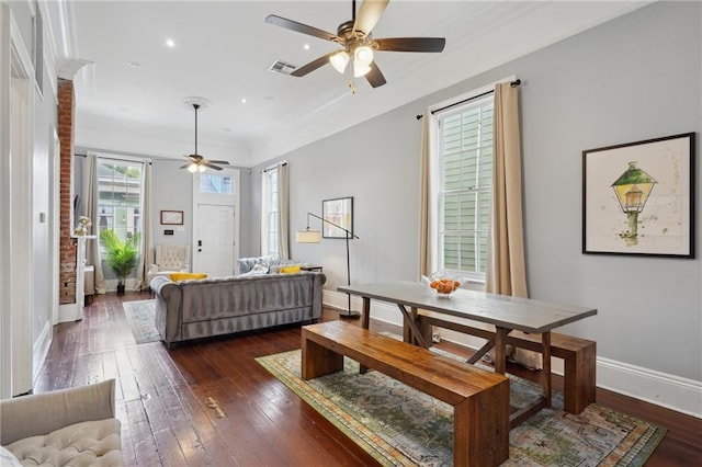 1529 St Philip St, New Orleans, LA 70116 - living room featuring ceiling fan, dark wood-style floors, recessed lighting, and crown molding