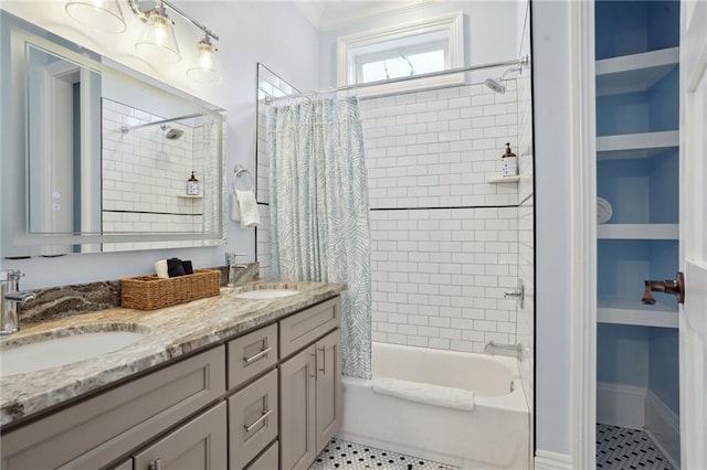 1529 St Philip St, New Orleans, LA 70116 - bathroom with shower / tub combo, double vanity, tile patterned floors, and ornamental molding