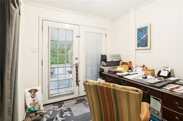 72433 Bullard St, Covington, LA 70435 - office area with ornamental molding and carpet floors