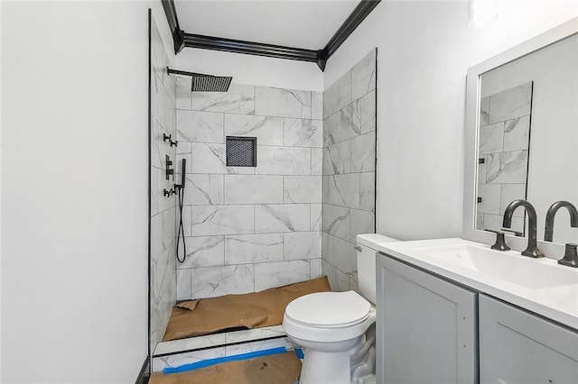 2232 Annette St, New Orleans, LA 70119 - bathroom featuring vanity, ornamental molding, and a tile shower
