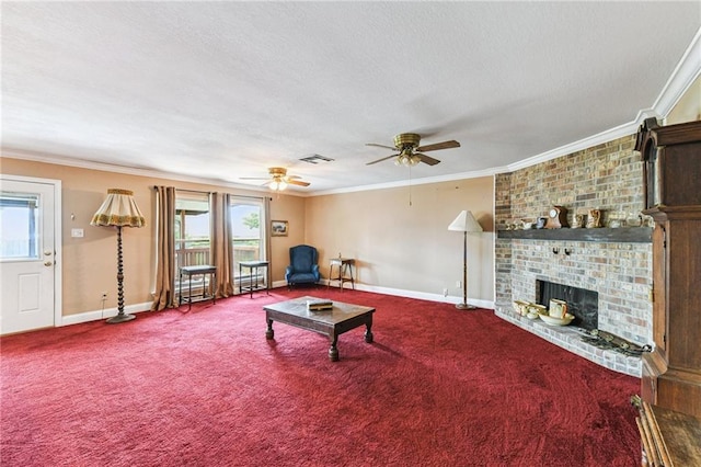 333 Bertolino Dr, Kenner, LA 70065 - living area with crown molding, a textured ceiling, a ceiling fan, carpet, and a fireplace