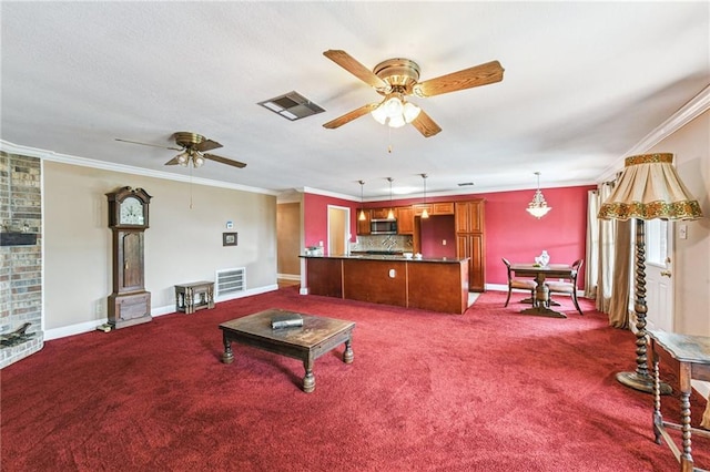 333 Bertolino Dr, Kenner, LA 70065 - living area with a ceiling fan, crown molding, and carpet floors