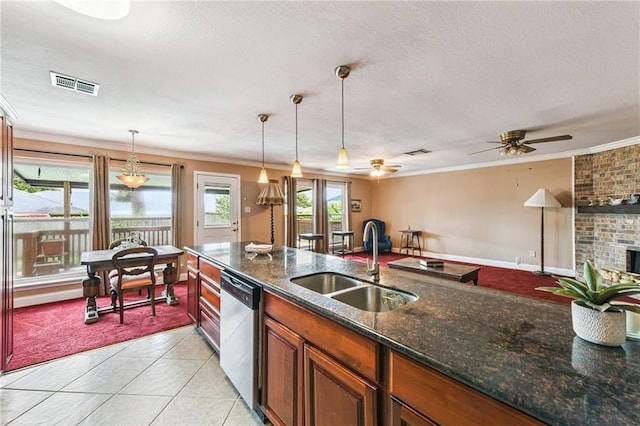 333 Bertolino Dr, Kenner, LA 70065 - kitchen with stainless steel dishwasher, ornamental molding, hanging light fixtures, a textured ceiling, and brown cabinets