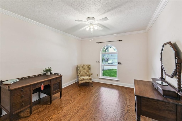 333 Bertolino Dr, Kenner, LA 70065 - home office featuring a textured ceiling, a ceiling fan, wood finished floors, and ornamental molding