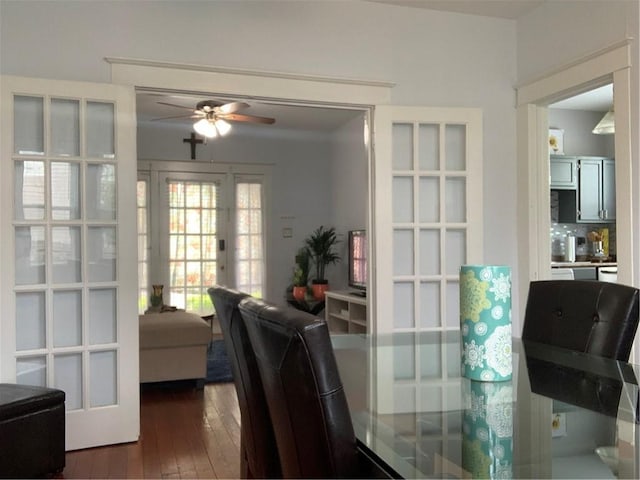 3929 Octavia St, New Orleans, LA 70125 - dining space featuring ceiling fan, dark wood-style floors, and french doors