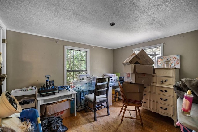 24473 Sanders Rd, Covington, LA 70435 - office with wood finished floors, crown molding, and a textured ceiling