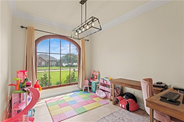133 Oak Bend Dr, La Place, LA 70068 - playroom with crown molding, a chandelier, and tile patterned floors