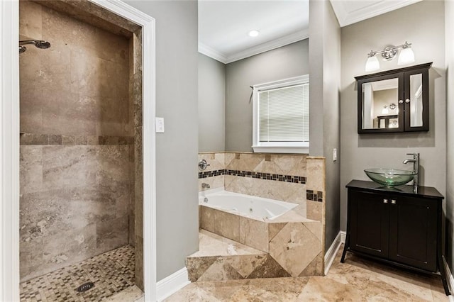 4953 Music St, New Orleans, LA 70122 - bathroom with ornamental molding, a bath, a tile shower, vanity, and marble finish flooring