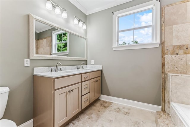 4953 Music St, New Orleans, LA 70122 - bathroom featuring double vanity, ornamental molding, and a tub to relax in
