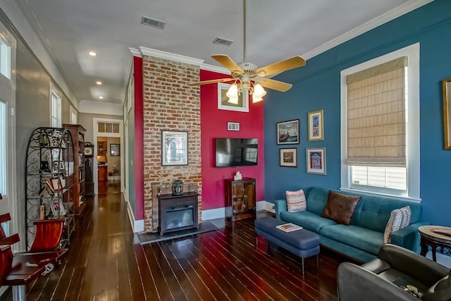 1025 General Pershing St, New Orleans, LA 70115 - living area with wood-type flooring, a ceiling fan, ornamental molding, and recessed lighting