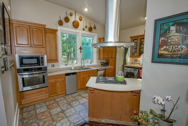 1025 General Pershing St, New Orleans, LA 70115 - kitchen with stainless steel appliances, washer / dryer, island range hood, lofted ceiling, and light countertops