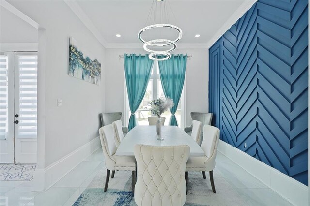 251 Oakmont Dr, New Orleans, LA 70128 - dining area with plenty of natural light, a chandelier, crown molding, and recessed lighting