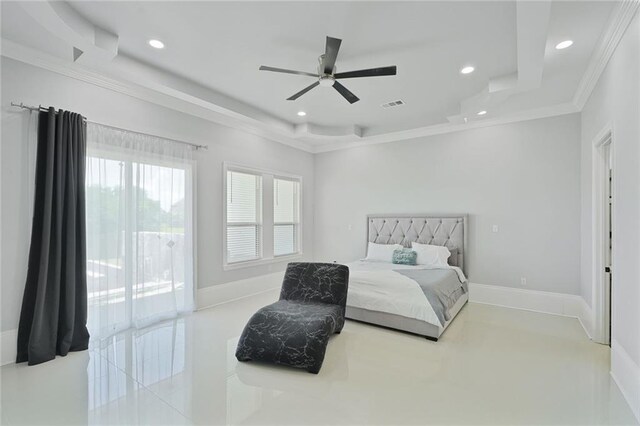 251 Oakmont Dr, New Orleans, LA 70128 - bedroom with ornamental molding, recessed lighting, a tray ceiling, access to exterior, and a ceiling fan